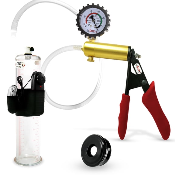 LeLuv Ultima Penis Pump, Brass w/ Red Handle, Silicone Grip, Clear Hose + Protected Gauge | TPR Seal, 9" x 2.125" Vibrating Cylinder