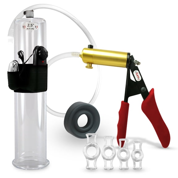 LeLuv Ultima Penis Pump, Brass w/ Red Handle, Silicone Grip, Clear Hose | TPR Seal, 4 Cock Rings | 12" x 2.50" Vibrating Cylinder