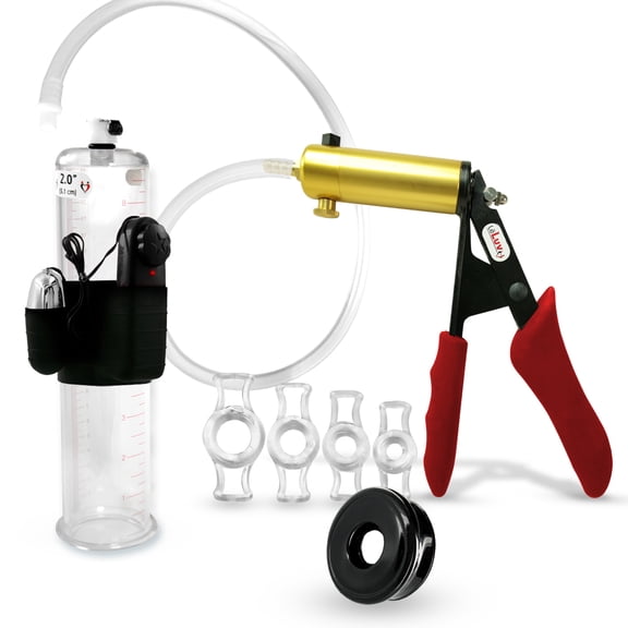 LeLuv Ultima Penis Pump, Brass w/ Red Handle, Silicone Grip, Clear Hose | TPR Seal, 4 Cock Rings | 9" x 2.00" Vibrating Cylinder