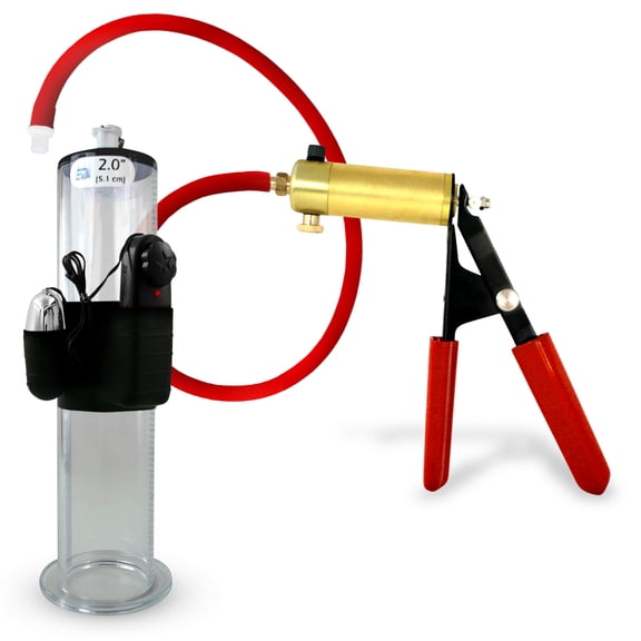 LeLuv® Ultima Premium Penis Pump, Brass Handle w/ Red Rubber Grips, Silicone Hose | 9" x 1.75" Vibrating Cylinder Wide Flange Cylinder