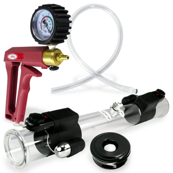 LeLuv Vibrating Buddy Penis Pump | Red Maxi Handle + Protected Gauge | Double-Ended 18 inch Length x 1.75 inch Diameter Cylinder | 2x TPR Seals