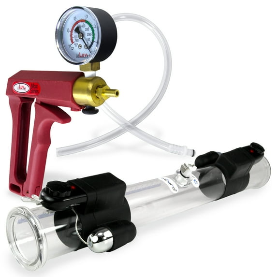 LeLuv Vibrating Buddy Penis Pump | Red Maxi Handle + Vacuum Gauge | Double-Ended 22 inch Length x 1.75 inch Diameter Cylinder