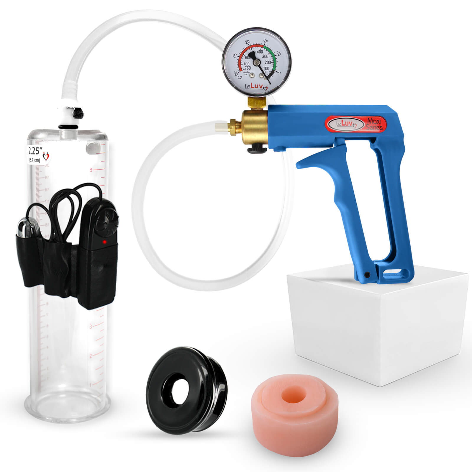 LeLuv Vibrating Penis Pump Maxi Blue + Gauge Clear Hose, Vacuum Seal