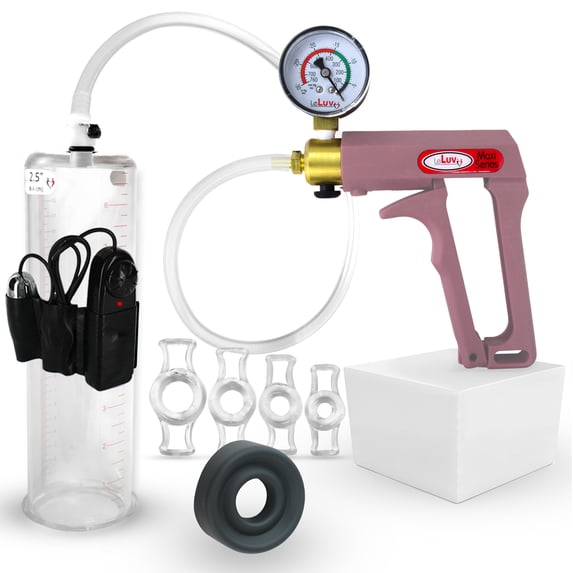 LeLuv Vibrating Penis Pump Maxi Pink + Gauge & Clear Hose, Vacuum Seal and 4 Sizes of Constriction Rings | 9" x 2.50" Cylinder