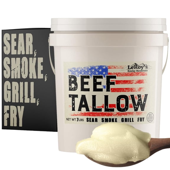 LeRoys Rocky Mountain Beef GGA1 Tallow - 7 lbs 100% Pure Rendered Beef Fat for Cooking, Frying & Grilling - High Smoke Point - Keto, Paleo & Carnivore Diet Friendly - No Additives, USA Made