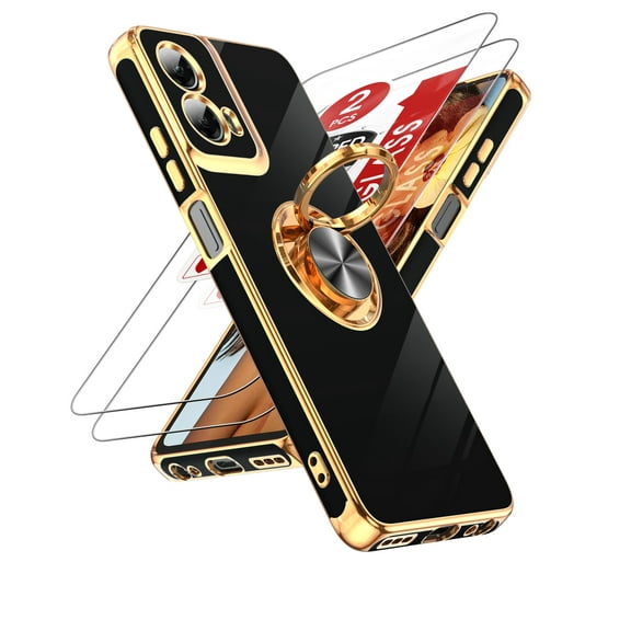 LeYi Case For Moto G 5g 2024: 2pcs Tempered Glass Screen Protector And 360° Rotatable Magnetic Stand, Rose Gold Plated Edge,Black
