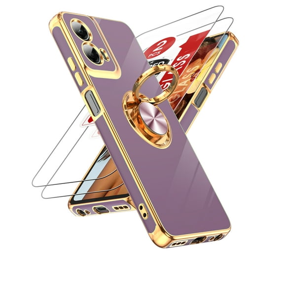 LeYi Case For Moto G 5g 2024: 2pcs Tempered Glass Screen Protector And 360° Rotatable Magnetic Stand, Rose Gold Plated Edge，Purple