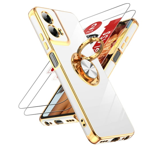 LeYi Case For Moto G 5g 2024: 2pcs Tempered Glass Screen Protector And 360° Rotatable Magnetic Stand, Rose Gold Plated Edge,White
