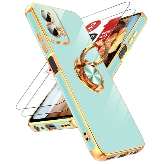 LeYi Case For Moto G Power 5G 2024: 2pcs Tempered Glass Screen Protector And 360° Rotatable Magnetic Stand, Rose Gold Plated Edge,Mint