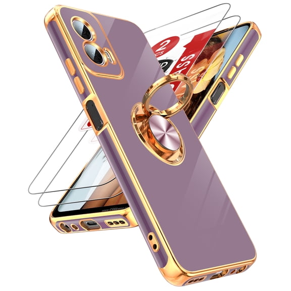 LeYi Case For Moto G Power 5G 2024: 2pcs Tempered Glass Screen Protector And 360° Rotatable Magnetic Stand, Rose Gold Plated Edge，Purple