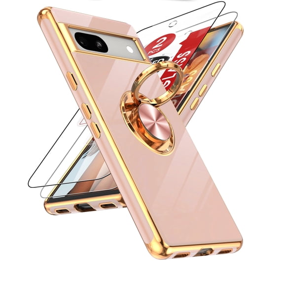 LeYi Case For Pixel 7A with Tempered Glass Screen Protector [2 pcs] 360° Rotatable Ring Mount Magnetic Stand, Rose Gold Plated Edge Protector,Pink