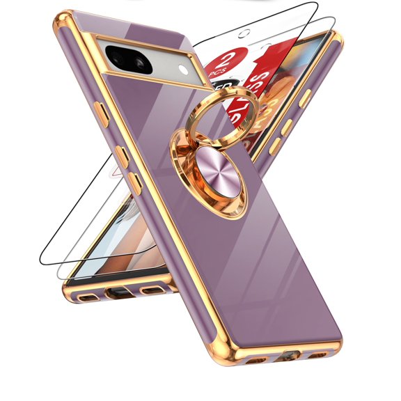 LeYi Case For Pixel 7A with Tempered Glass Screen Protector [2 pcs] 360° Rotatable Ring Mount Magnetic Stand, Rose Gold Plated Edge Protector,Purple
