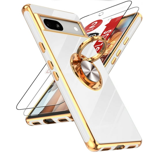 LeYi Case For Pixel 7A with Tempered Glass Screen Protector [2 pcs] 360° Rotatable Ring Mount Magnetic Stand, Rose Gold Plated Edge Protector,White
