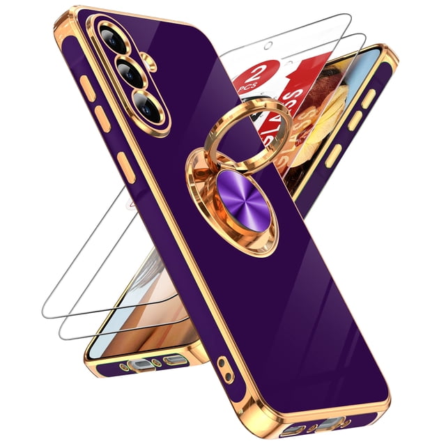 LeYi Case For SAM Galaxy A36 5G: 2pcs Tempered Glass Screen Protector And 360° Rotatable Magnetic Stand, Rose Gold Plated Edge,Dark Purple