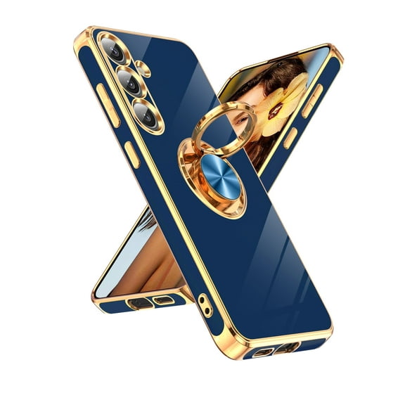 LeYi Case For Samsung Galaxy S25: 360° Rotatable Magnetic Stand, Rose Gold Plated Edge，Blue