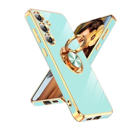 LeYi Case For Samsung Galaxy S25: 360° Rotatable Magnetic Stand, Rose Gold Plated Edge,Mint
