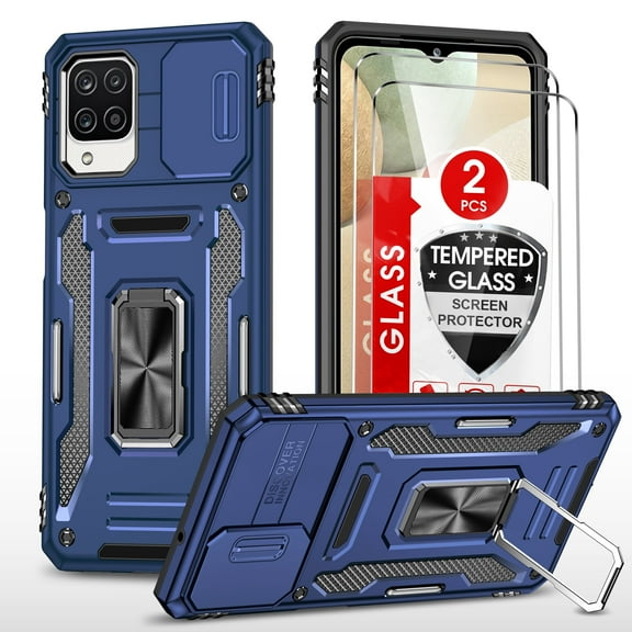 LeYi Compatible with Samsung Galaxy A12 Phone Case, [2 Pack] Tempered Glass Screen Protector, Blue