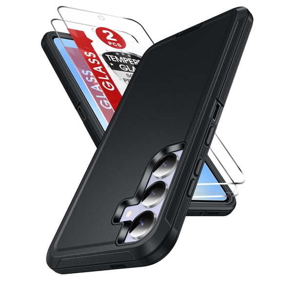 LeYi Compatible for Samsung Galaxy S25-FE Case: with Tempered Glass Screen Protector, Heavy Duty 3 in 1 Rugged Cover, Shockproof Cell Phone Android Funda Samsung S25 FE for Women Men, Black