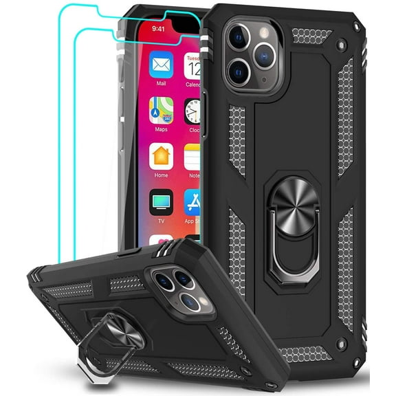LeYi Compatible for iPhone 11 Pro Max Case with Tempered Glass Screen Protector [2 Pack], Military-Grade Case Cover with Ring Kickstand for iPhone 11 Pro Max 6.5 inch，Black