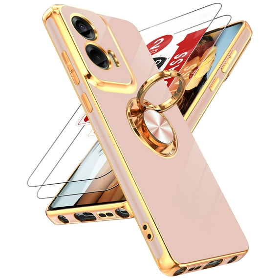 LeYi For Moto G Stylus 5G 2024 Case: 2pcs Tempered Glass Screen Protector And 360° Rotatable Magnetic Stand, Rose Gold Plated Edge,Pink