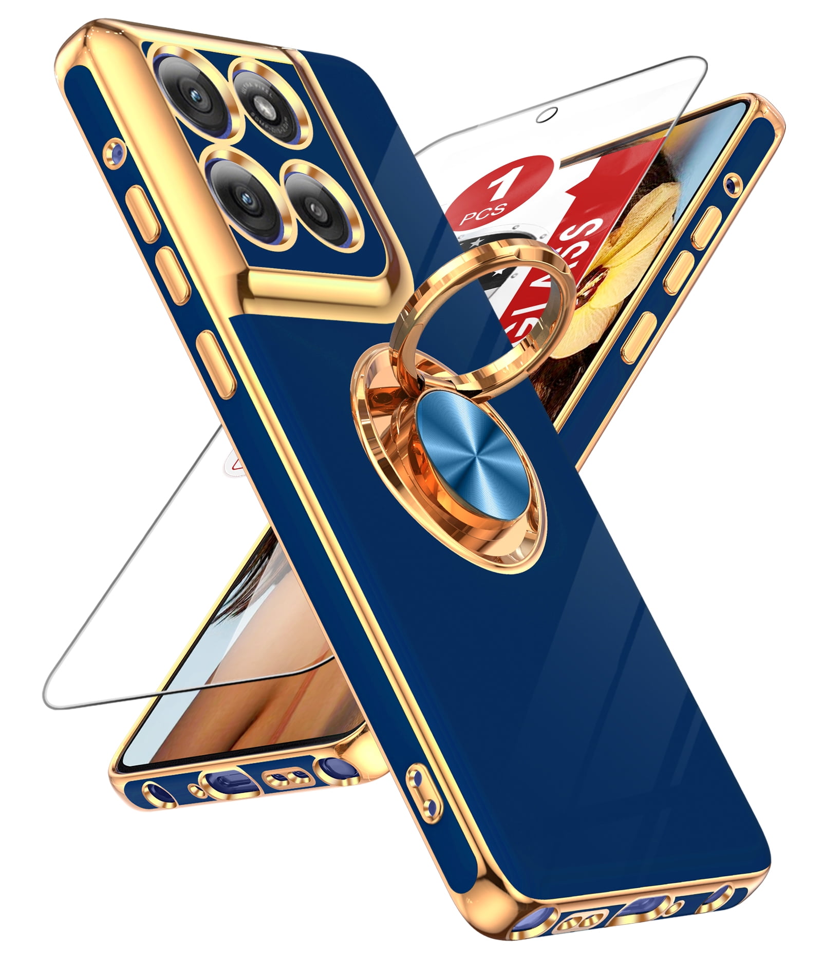 LeYi For Moto G Stylus 5G 2025 Case: 1PCS Tempered Glass Screen Protector And 360 Rotatable Magnetic Stand, Rose Gold Plated EdgeBlue