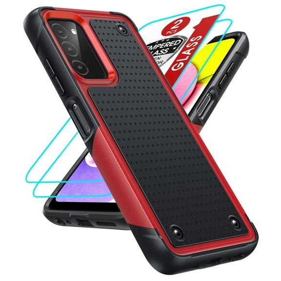 LeYi For Samsung Galaxy AO3S Phone Case with Screen Protector 2 Pack, Heavy Duty Protective, Red