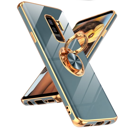 LeYi For Samsung Galaxy S9 Plus Phone Case:360°Rotatable Ring Mount Magnetic Stand,Rose Gold Plated Edge Protector Samsung S9 Plus Phone Case, Grey