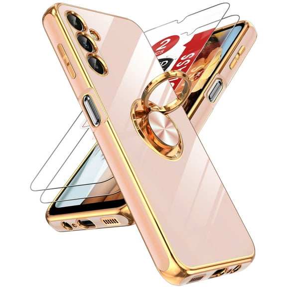 LeYi Galaxy A 14 5g Case, Samsung Galaxy A14 Cute Slim Case with Screen Protector [2 Pack], 360° Rotatable Ring Holder Magnetic Kickstand Protective for Samsung A 14 5g Cases, Pink