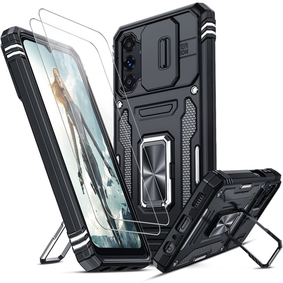 LeYi for Galaxy A13 5G Case, Samsung A13 Case with Slide Camera Cover + [2 Packs] Tempered Glass Screen Protector, Full Body Military-Grade Case with Upgrade Kickstand for Galaxy A13 5G, Black