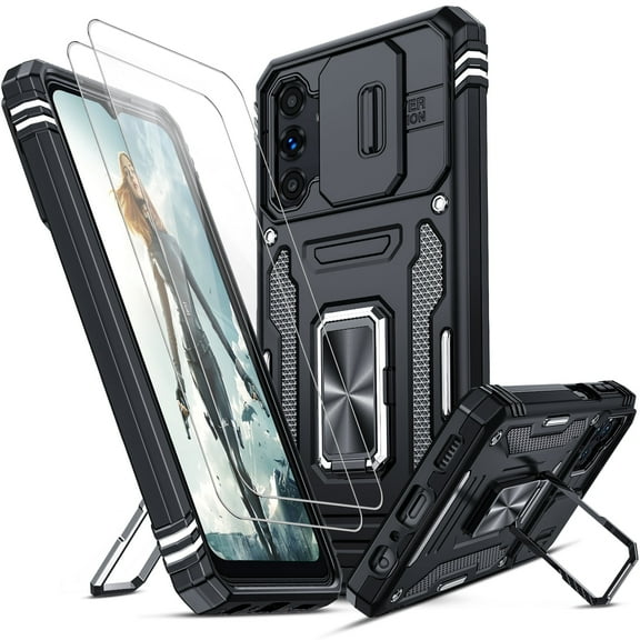 LeYi for Galaxy A13 5G Case, Samsung A13 Case with Slide Camera Cover   [2 Packs] Tempered Glass Screen Protector, Full Body Military-Grade Case with Upgrade Kickstand for Galaxy A13 5G, Black
