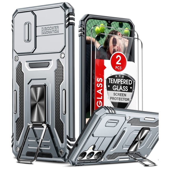 LeYi for Galaxy A14 5G Phone Case, A 14 Case with Screen Protectors x 2, Impact Resistant Metal Ring Magnetic Support Kickstand Drop Protector Cover for Samsung Galaxy A14 5G, Gray