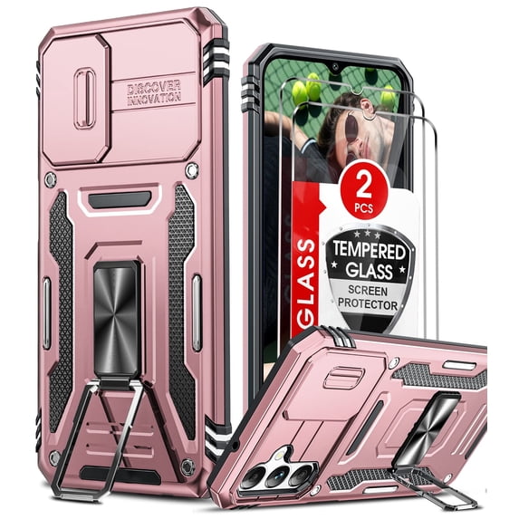 LeYi for Galaxy A14 5G Phone Case, A14 Case with Screen Protectors x 2, Impact Resistant Metal Ring Magnetic Support Kickstand Drop Protector Cover for Samsung Galaxy A14 5G, Rose Gold