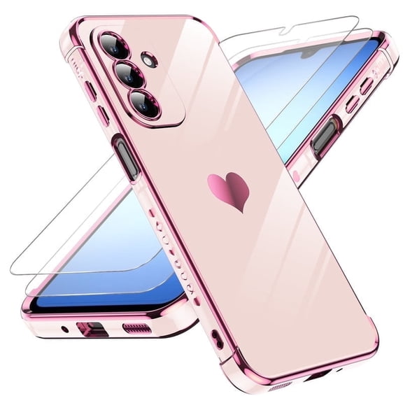 LeYi for Samsung Galaxy A17-5G Phone Case: Tempered Glass Screen Protector [2 Pcs]+ Full Camera Lens Protection,Love Heart Plating Luxury Shockproof Phone Case para Samsung A 17 5G,Pink