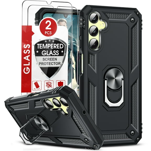 LeYi for Galaxy A25 5G Case, Samsung Galaxy A 25 5G Case with [2 Pack] Tempered Glass Screen Protectors, Heavy Duty Protective Phone Case with Magnetic Ring Stand for Samsung A25 5G, Black