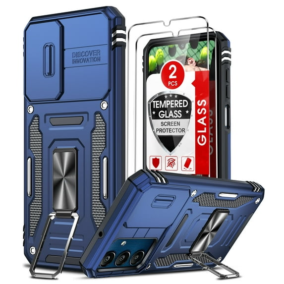 LeYi for Galaxy A25 5G Phone Case, A25 5G Case with 2 Pack Screen Protectors, Heavy Duty Armor Case with Slide Camera Cover & Magnetic 360 Rotatable Ring Kickstand for Samsung A25, Alpine, Blue