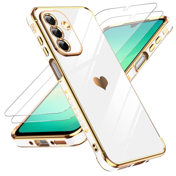 LeYi for Galaxy A26-5G Case: with Tempered Glass Screen Protector [2 Pcs]+ Full Camera Lens Protection,Love Heart Plating Cute Luxury Soft TPU Shockproof Case for Samsung A26 5G,White