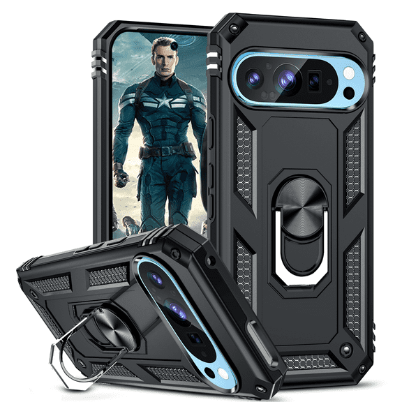 LeYi for Google Pixel-9 Case/Google 9 Pro Case, Heavy Duty Military-Grade Shockproof Protective Cell Phone Case Cover with Magnetic Ring Stand for Pixel 9/9 Pro 5G 6.3, Black
