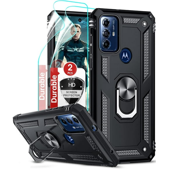 LeYi Heavy Duty Back Cover Cell Phone Case with Metal Kickstand for Motorola Moto G Play 2024, Black