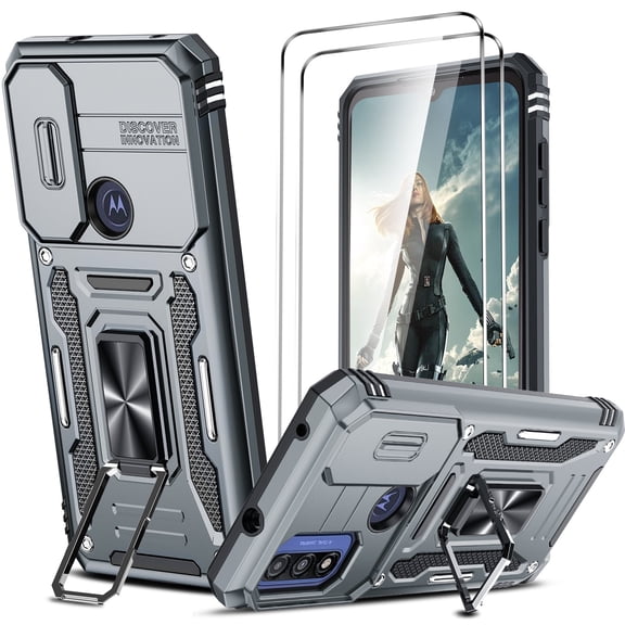 LeYi Moto G Pure Case, Moto G Power 2022 Case with Slide Camera Cover + [2 Packs] Tempered Glass Screen Protector, 360 Full Body Military-Grade Case with Kickstand for Moto G Pure, Gray