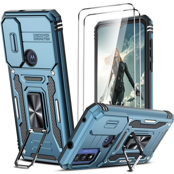 LeYi Moto G Pure Case, Moto G Power 2022 Case with Slide Camera Cover + [2 Packs] Tempered Glass Screen Protector, 360 Full Body Military-Grade Case with Kickstand for Moto G Pure, Sea Blue