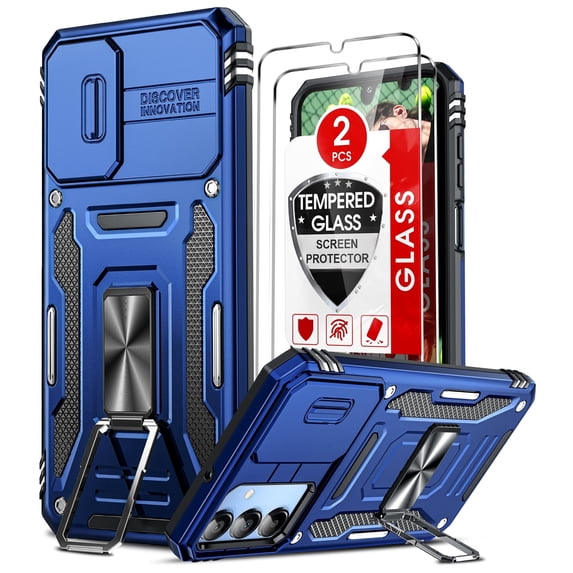 LeYi for Galaxy A15 Phone Case, Samsung Galaxy A15 5G Case with Screen Protectors x 2, Impact Resistant Metal Ring Magnetic Support Kickstand Heavy Duty Rugged Drop Protective Cover for A 15 5G, Blue