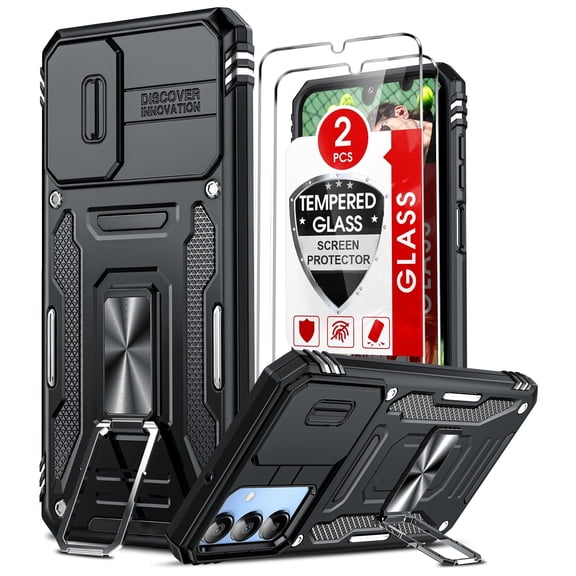 LeYi for Samsung Galaxy A15 5G Phone Case, Samsung A15 5G Case with Screen Protectors [2 Pack], Impact Resistant Metal Ring Magnetic Support Kickstand Drop Protector Funda para Galaxy A 15 5G, Black