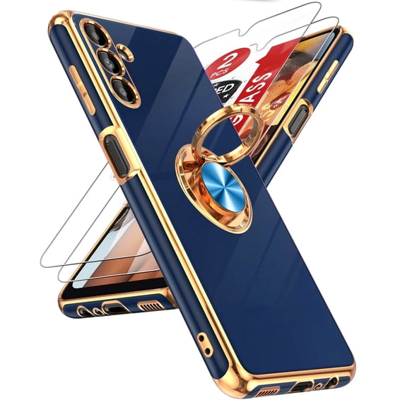 LeYi For Samsung Galaxy A13 5G Phone Case:2pcs Tempered Glass Screen Protector and 360° Rotatable Ring Mount Magnetic Stand,Rose Gold Plated Edge Protector Samsung A13 5G Phone Case, Blue