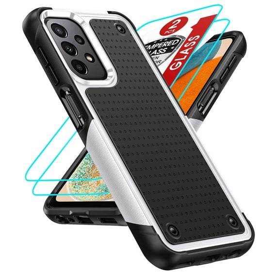 LeYi for Samsung Galaxy A13/ A32/ A23 5G 4G Case, Samsung A04S Case with 2 Pack Tempered Glass Screen Protectors, Heavy Duty Hard PC Textured Back Case for Samsung A13 5G 4G/ A32/ A23/ A04S, White