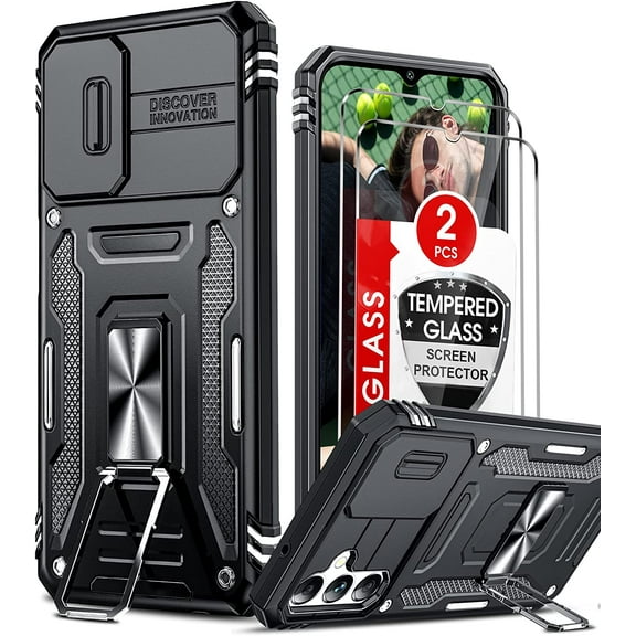 LeYi for Samsung Galaxy A14 5G Case, Samsung A 14 Phone Case with Screen Protectors [2 Pack], Impact Resistant Metal Ring Magnetic Support Kickstand Drop Protector Cover for Galaxy A14 5G, Black