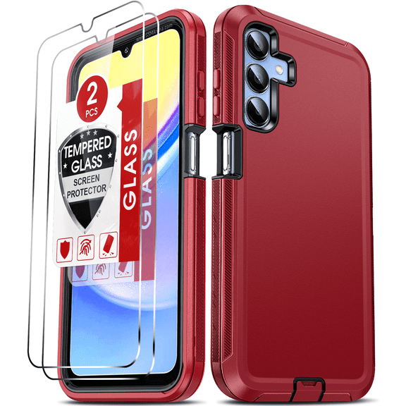 LeYi For Samsung Galaxy A15 5G Phone Case with Screen Protector 2-Pack 3-in-1 Rugged Case, Red