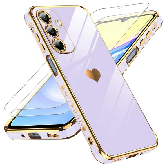 LeYi for Samsung Galaxy A16 5G Case: with Tempered Glass Screen Protector [2 Pcs]+ Full Camera Lens Protection, Love Heart Plating Women Cute Luxury Soft TPU Shockproof Phone Case, Purple