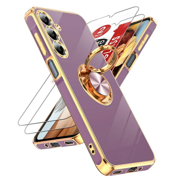 LeYi For Samsung Galaxy A16 5G Phone Case:2pcs Tempered Glass Screen Protector and 360° Rotatable Ring Mount Magnetic Stand,Rose Gold Plated Edge Protector Samsung A16 5G Phone Case, Purple