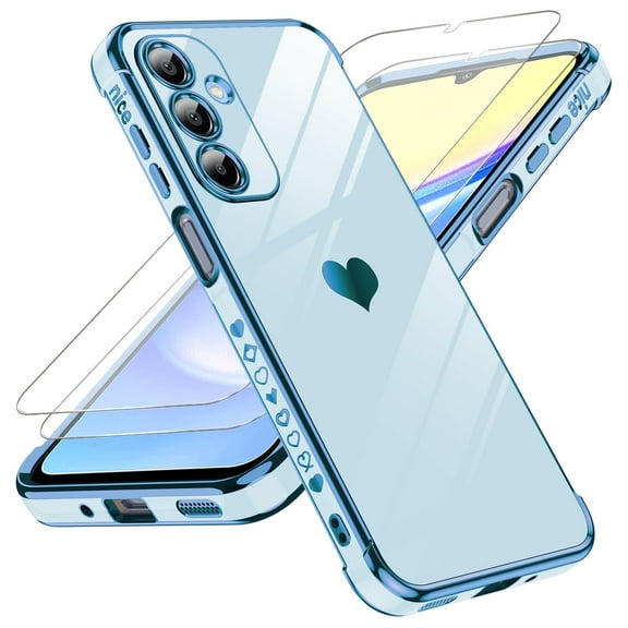 LeYi for Samsung Galaxy A16 Case: Soft Cute Shockproof Slim Phone Cover with Tempered Glass Screen Protector [2 Pcs] - Heart Funda Para Samsung Galaxy A 16, Blue