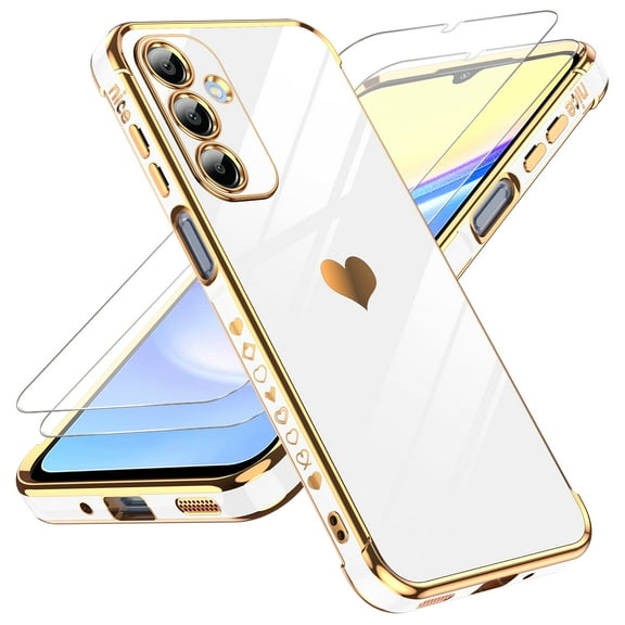 LeYi for Samsung Galaxy A16 Case: Soft Cute Shockproof Slim Phone Cover with Tempered Glass Screen Protector [2 Pcs] - Heart Funda Para Samsung Galaxy A 16, White